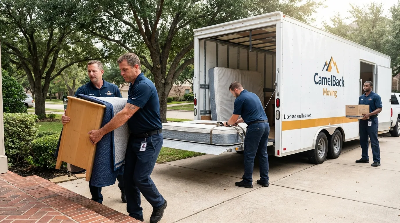 Crew loading residential truck for cross-state move from Fairfield, IA