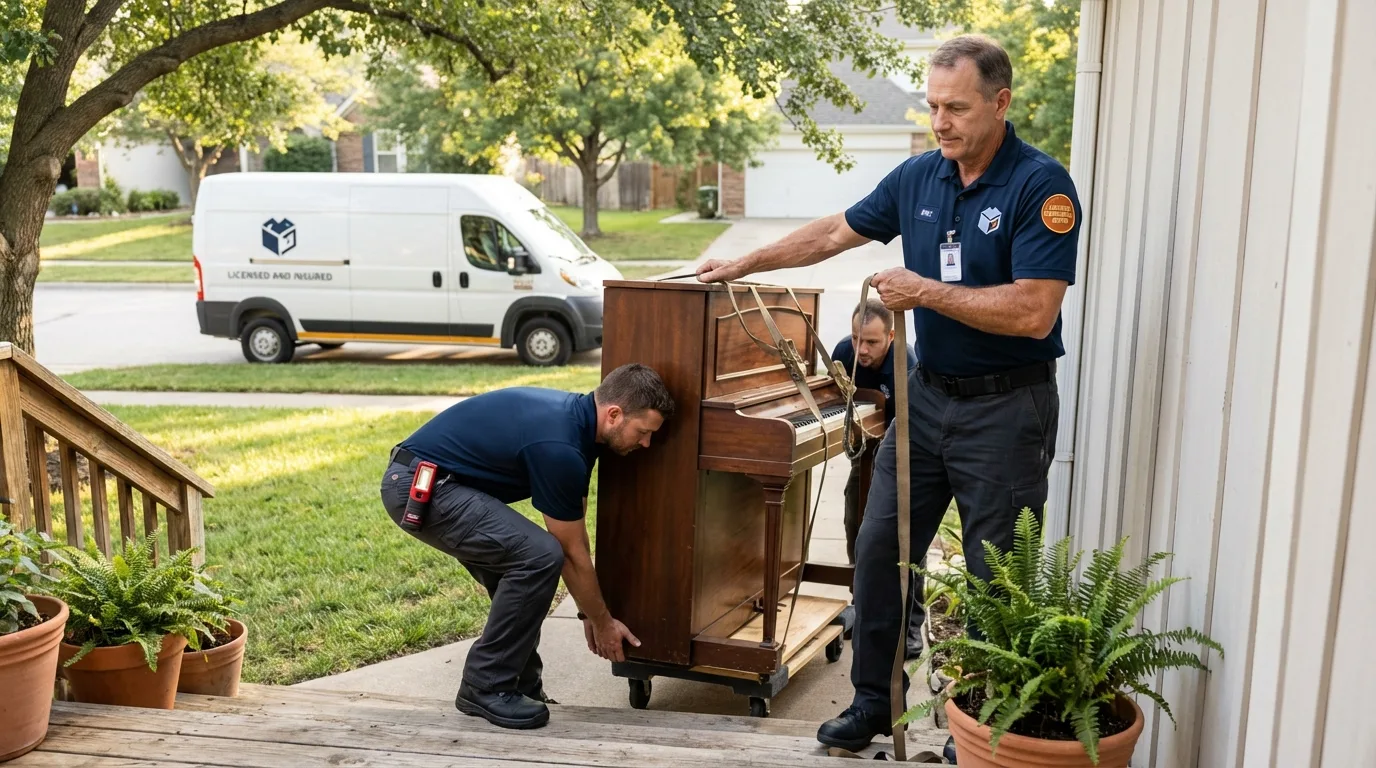 Licensed piano movers securing grand piano in Fairfield, IA