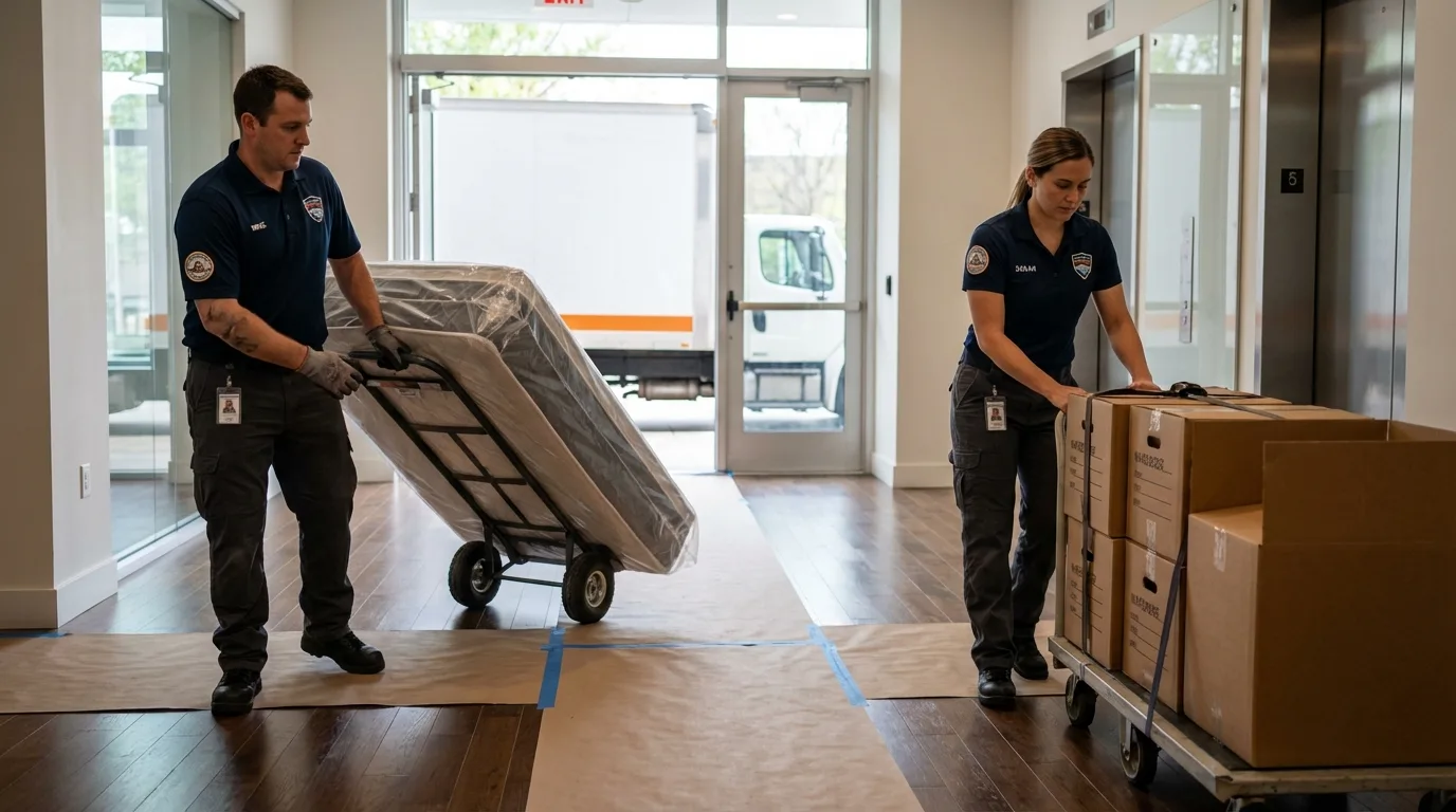 Professional apartment movers loading elevator in Fairfield, IA